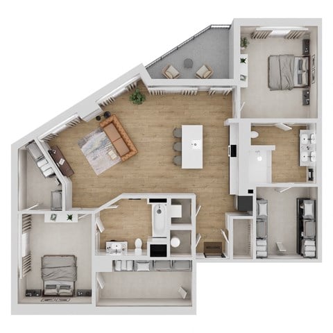A detailed 3D floor plan of a house layout.